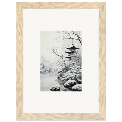 Framed black and white art of a snowy pagoda for Twilight Rebirth Narrative