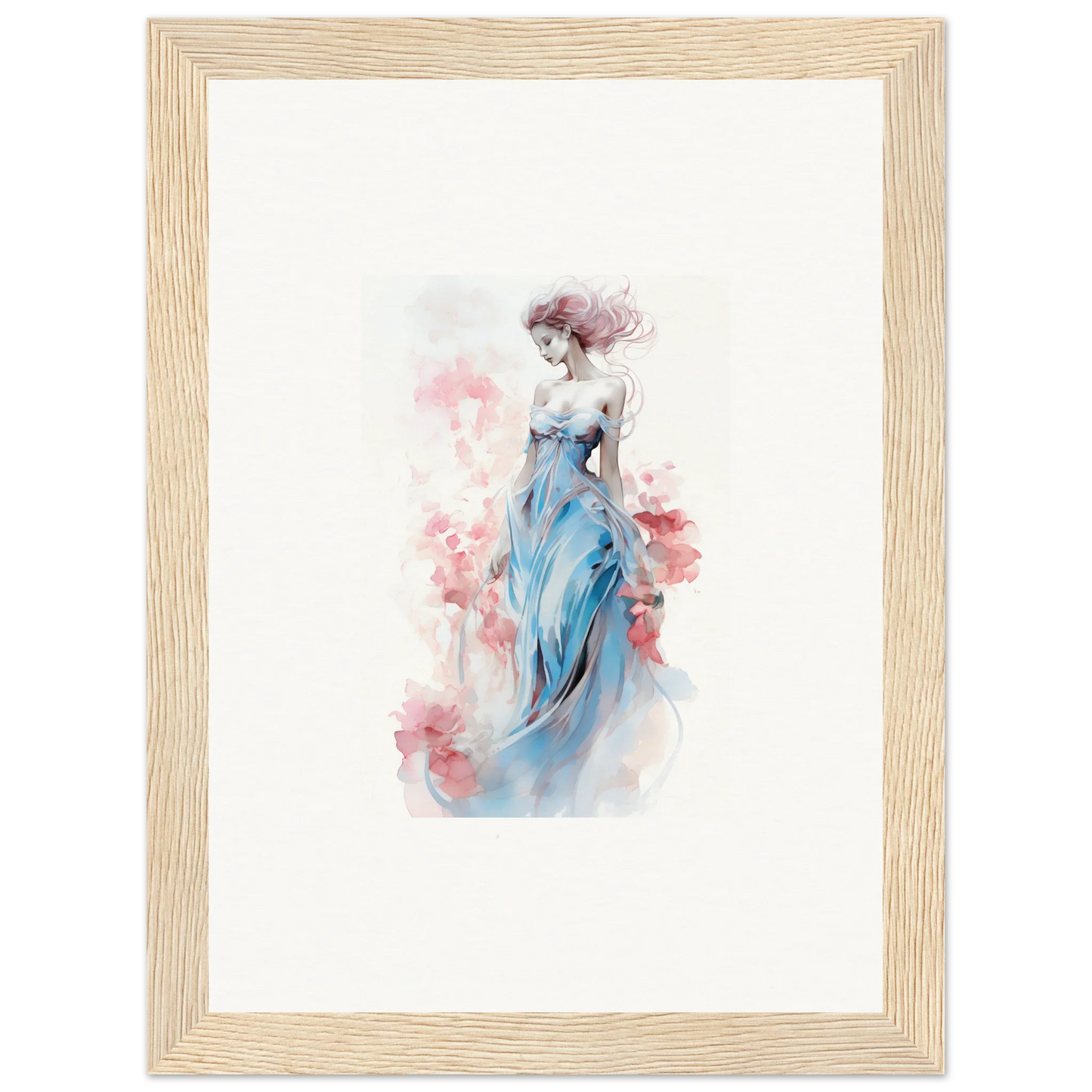 Watercolor painting of a woman in a blue dress for stylish room decoration wall art