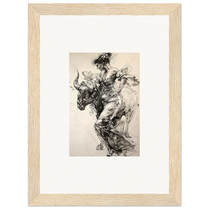 Dynamic black and white sketch of a bull rider in action for Labyrinthine Spanish Mirage