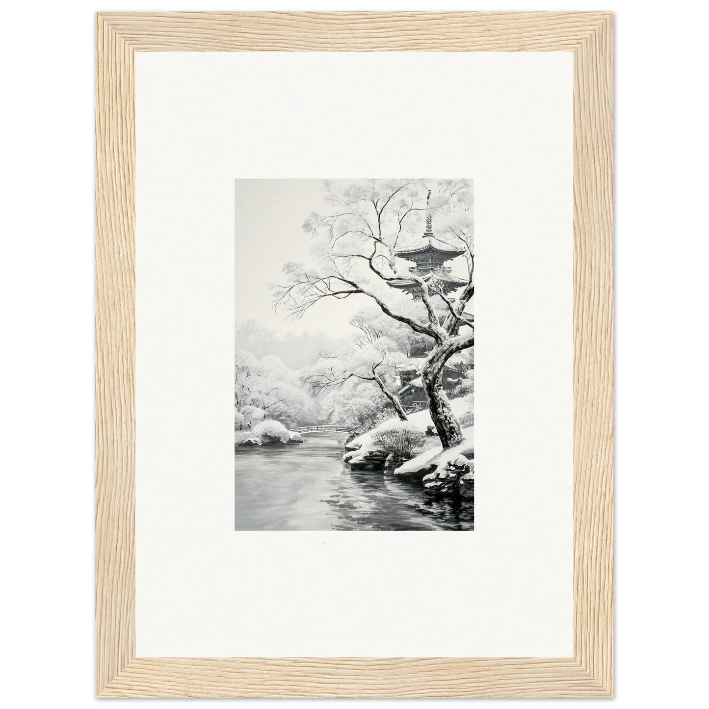 Framed wall art of Timeless Snow Fables, showcasing a snowy river landscape