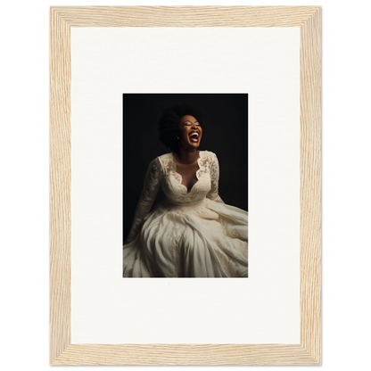 Joyful bride in a flowing white wedding dress, featured in Luminescent Joy Echoes art