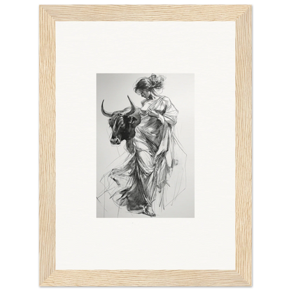 Black and white sketch of a woman in robes with a bull for Splashing Gaze Melds art