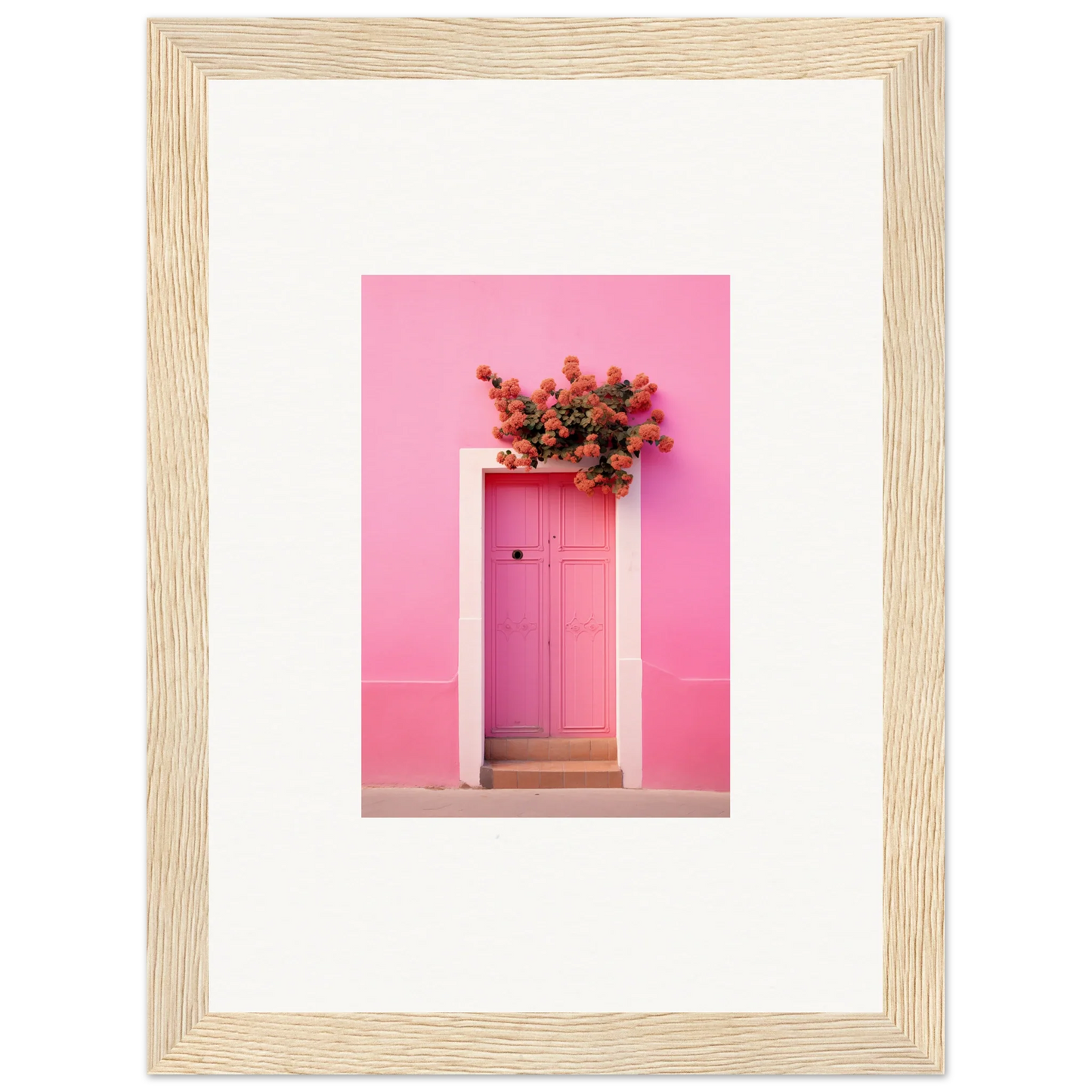 Pink door with red flowers, perfect for Quantum Pink Serenade framed wall art