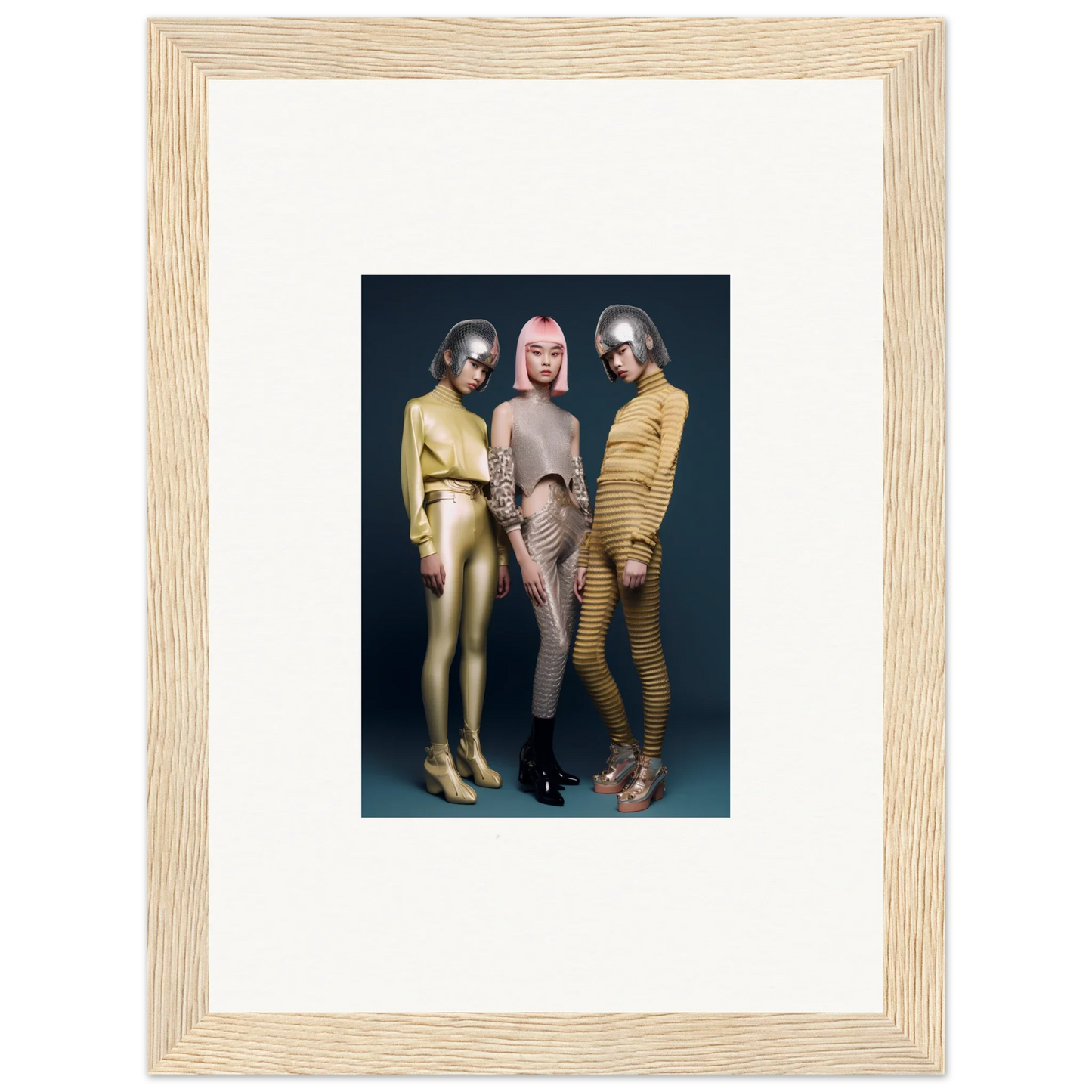 Framed wall art of three in metallic bodysuits for Galactic Fashion Paradigm