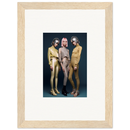 Framed wall art of three in metallic bodysuits for Galactic Fashion Paradigm