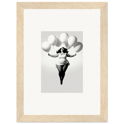 A figure floats with white balloons in Rosy Liberties Soar framed wall art