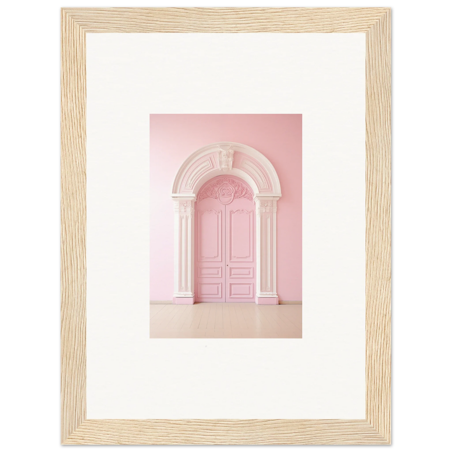 Pink arched doorway with ornate molding in Portal Fantasies Unfurled framed wall art