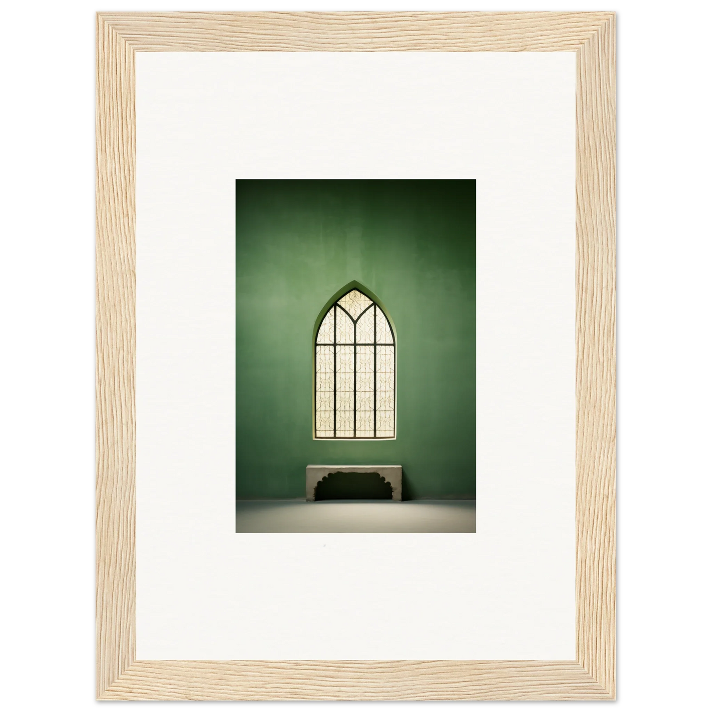 Gothic arched window with geometric panes above a bench in Evermind Greenthaum design