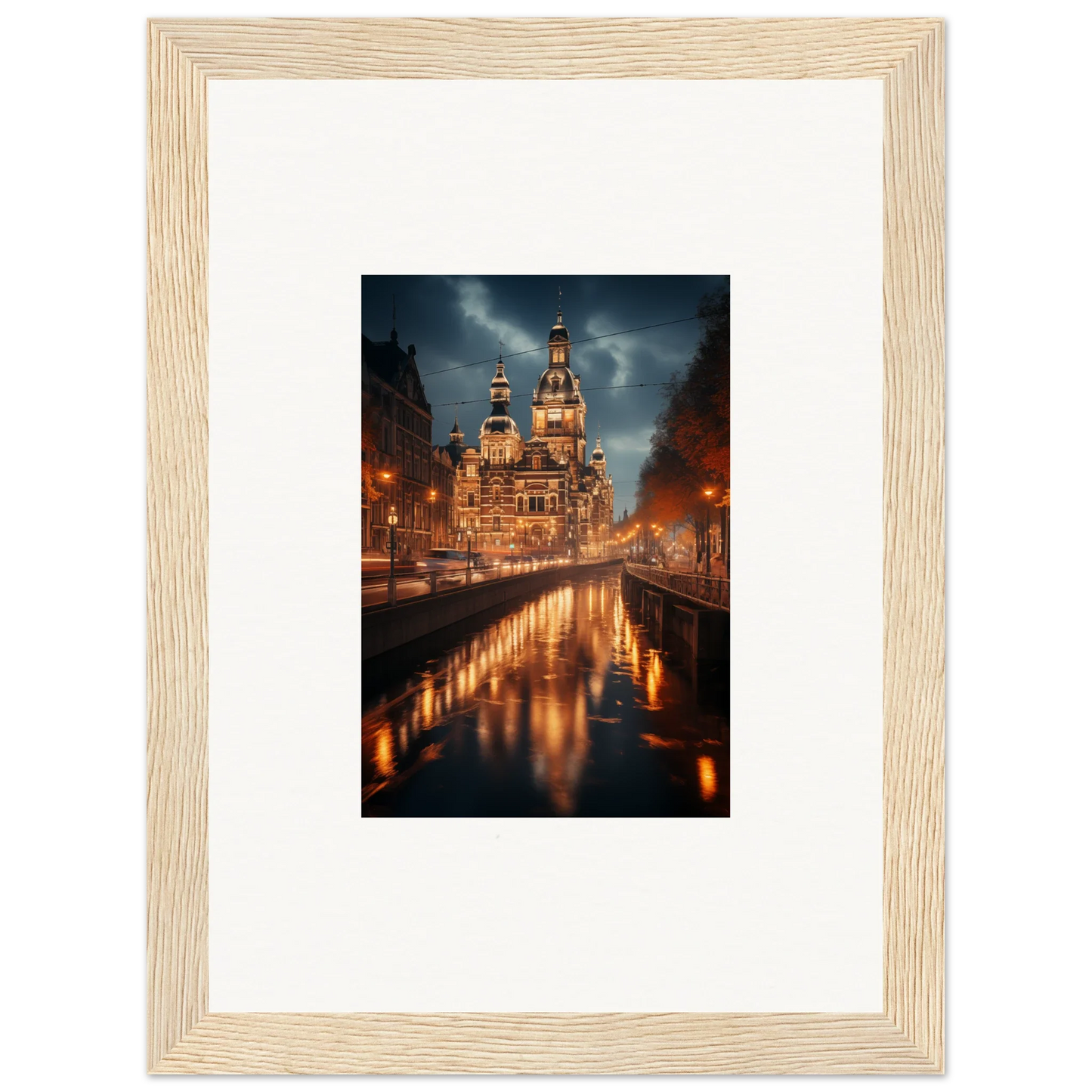 Framed photo of Reflected Dreamscape Tides with church reflecting in a canal at night