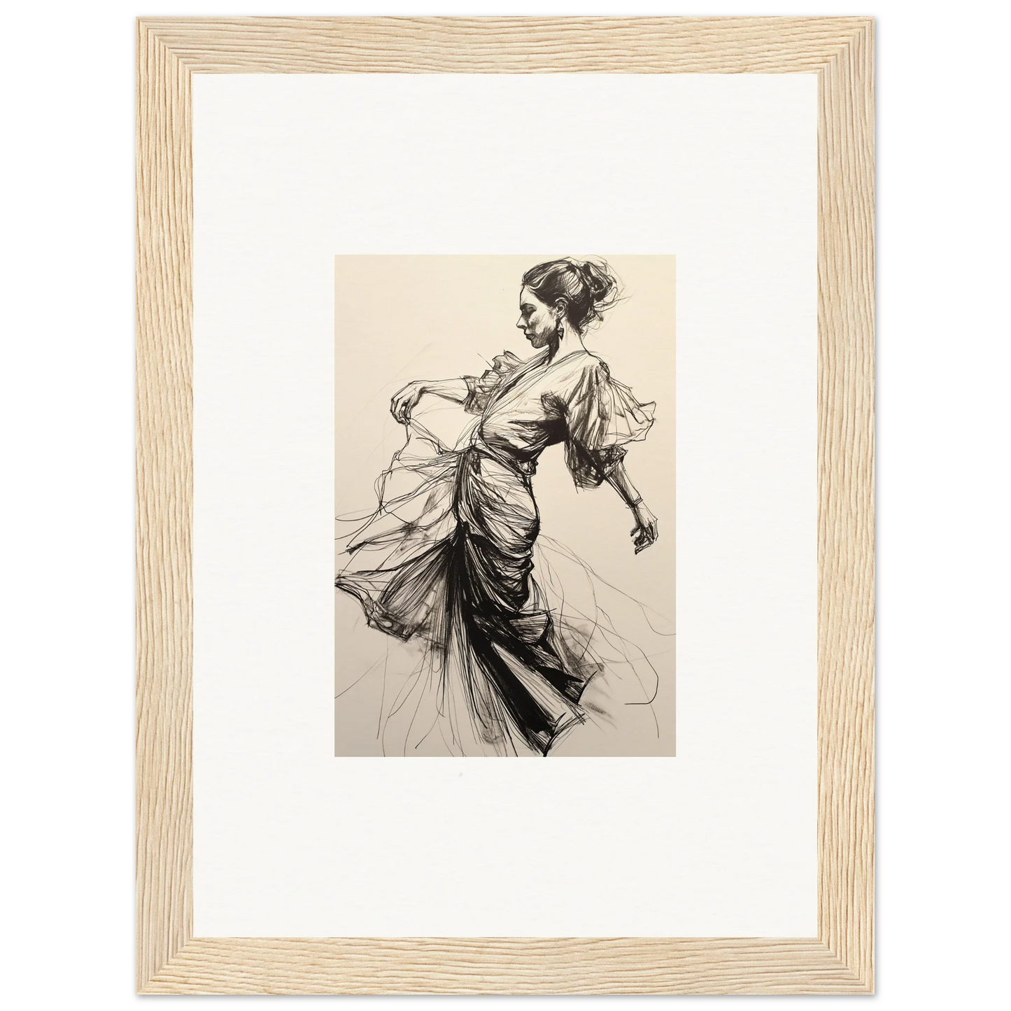 Elegant dancer sketch in flowing dress for Midnight Dance Whispers premium framed wall art