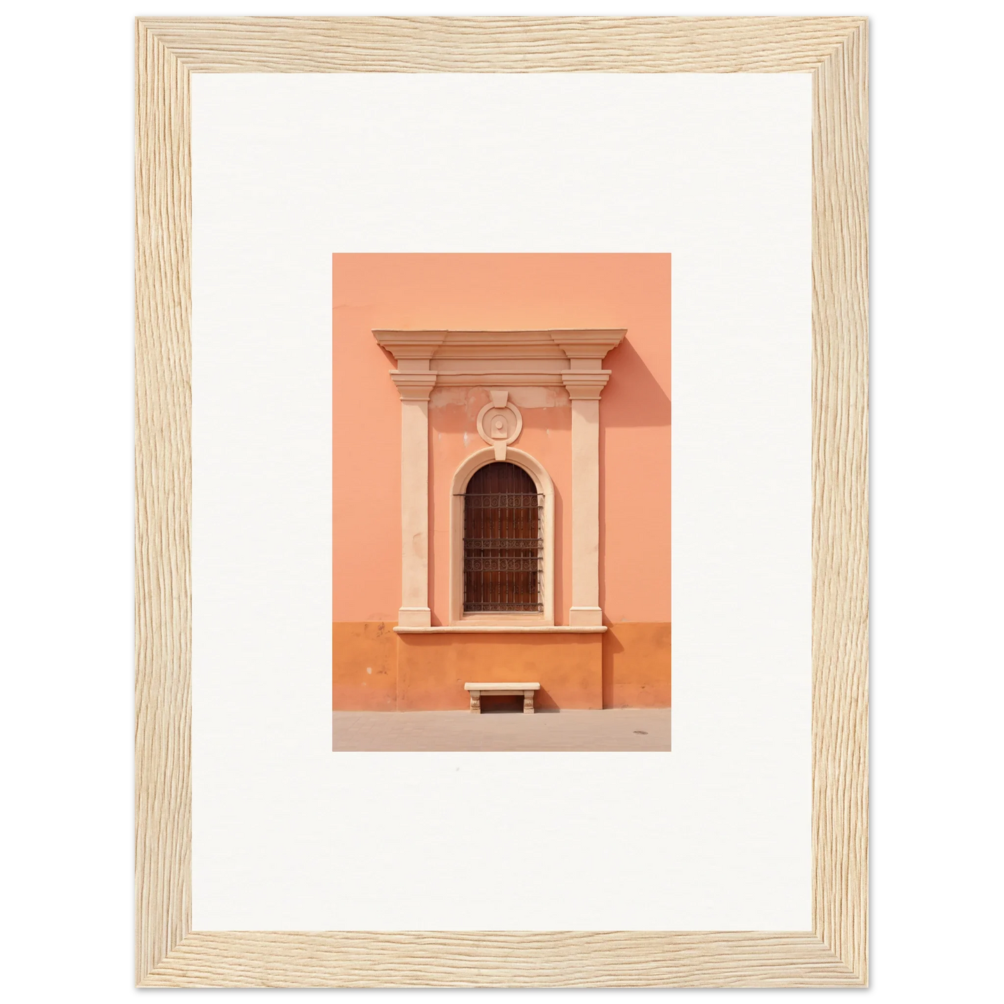 Ornate arched window with columns in a peach wall from Silent Sunset Oblique art