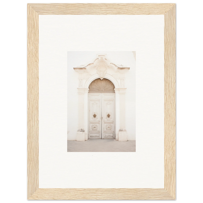 White wooden double door with ornate detailing from Faded Elegance Whispers framed wall art