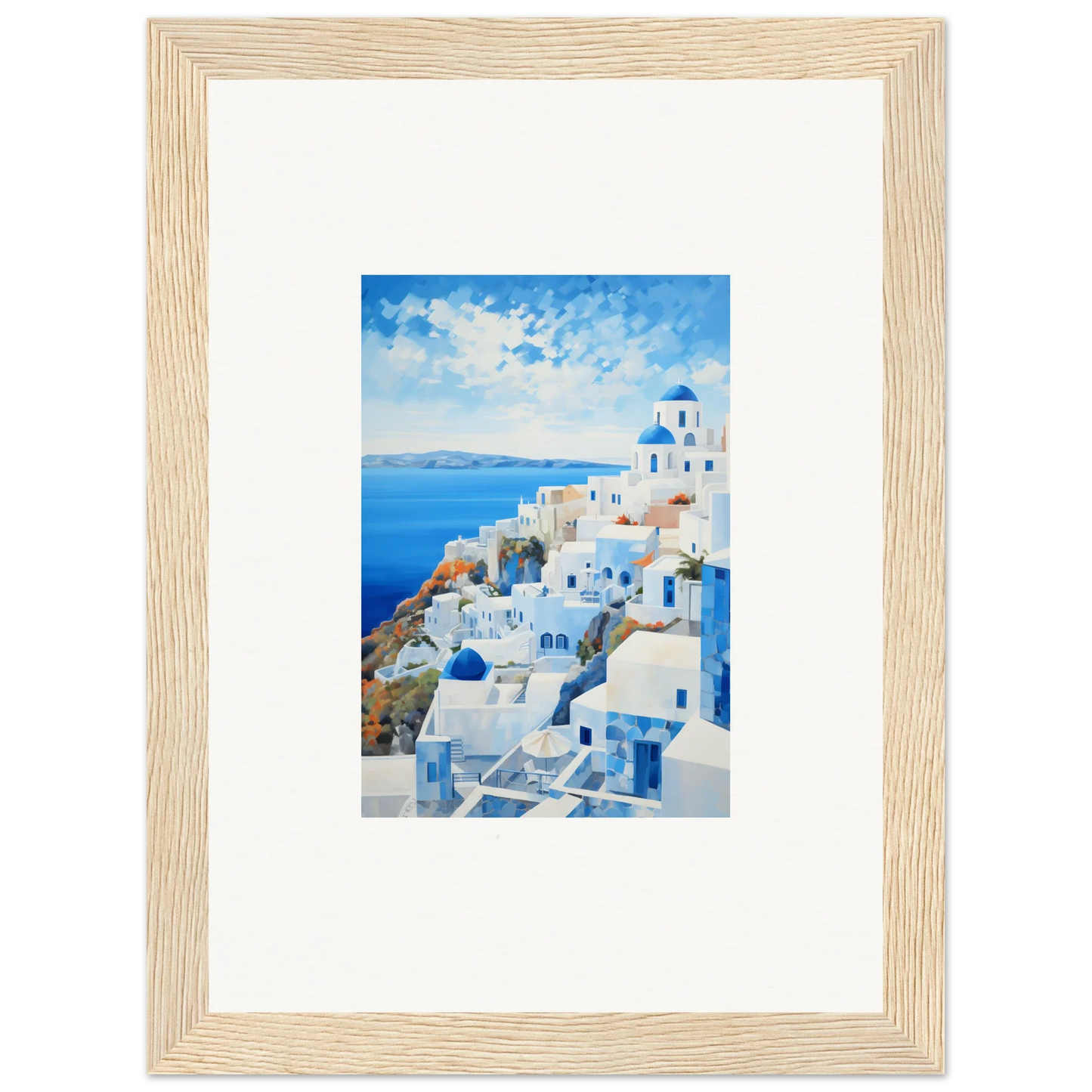 Framed watercolor painting of Santorini, perfect for a special edition art™ vibe