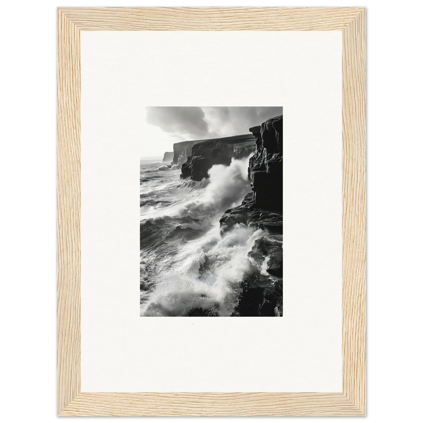 Black and white image of waves crashing on cliffs for Tempestuous Rock Ballet special edition art™