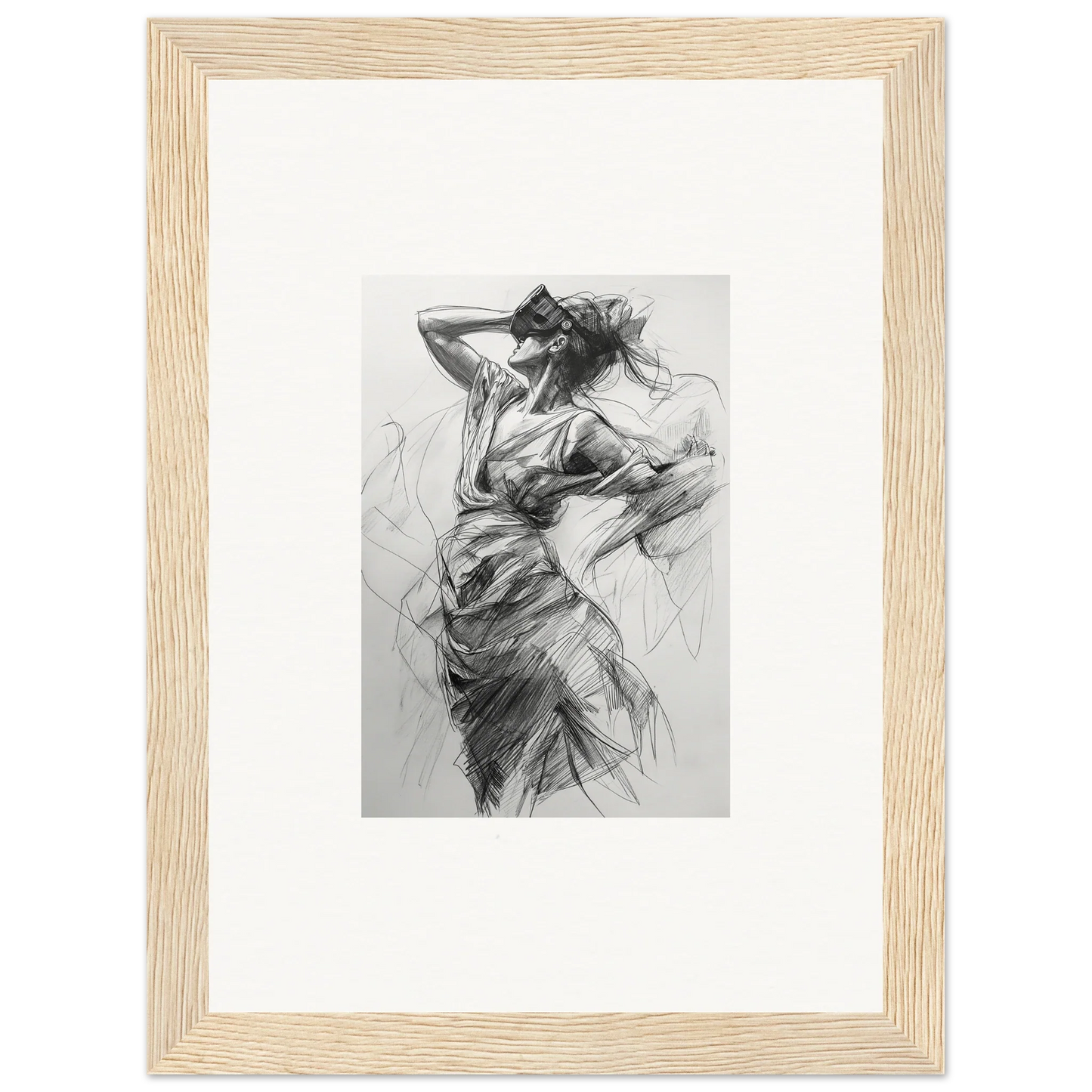 Expressive charcoal sketch of a dynamic figure from Veiled Revisionist Muse framed wall art