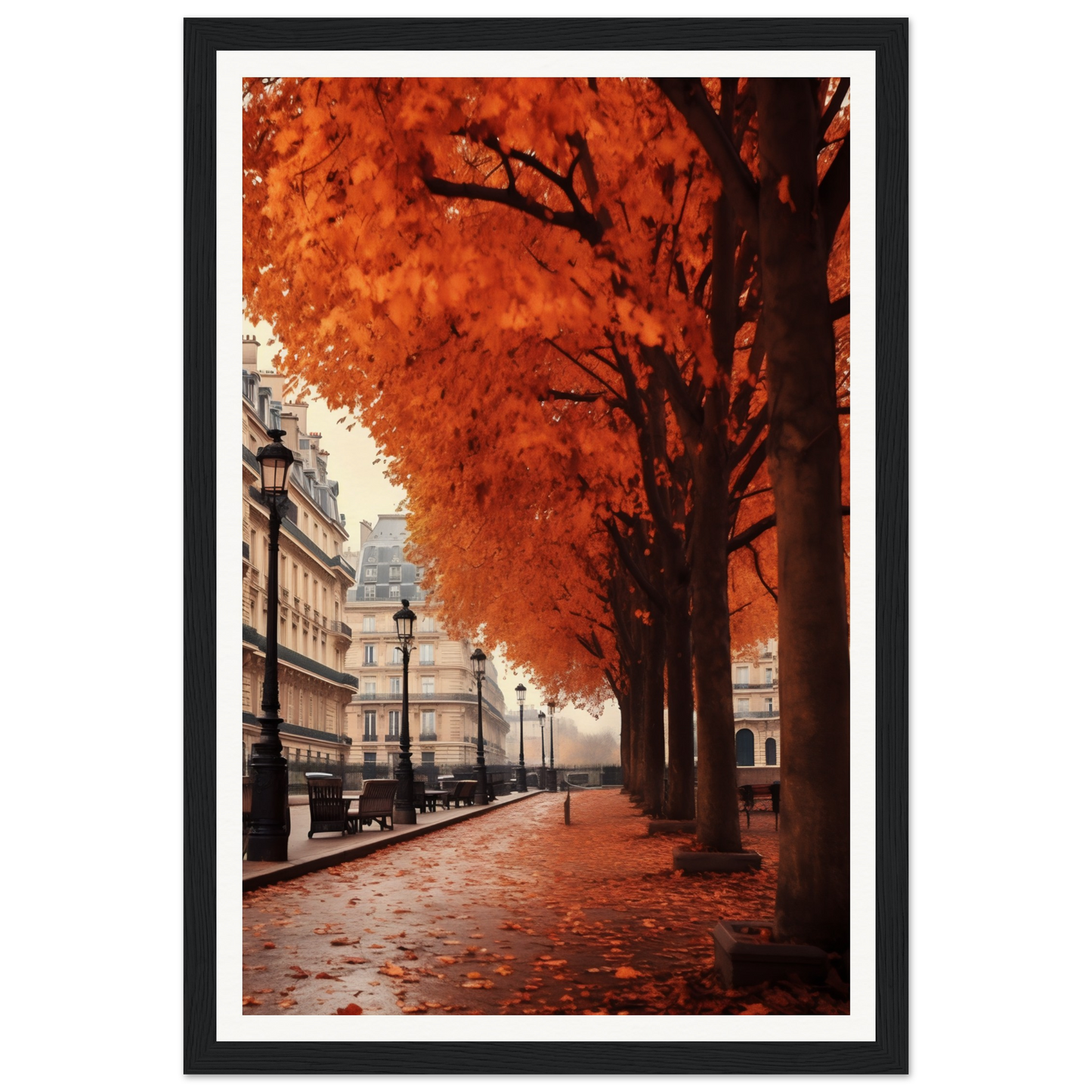 Framed photograph of an autumn street scene in Paris with vibrant orange trees lining the sidewalk.