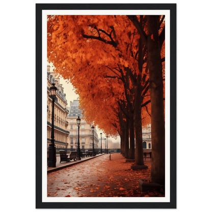 Framed photograph of an autumn street scene in Paris with vibrant orange trees lining the sidewalk.