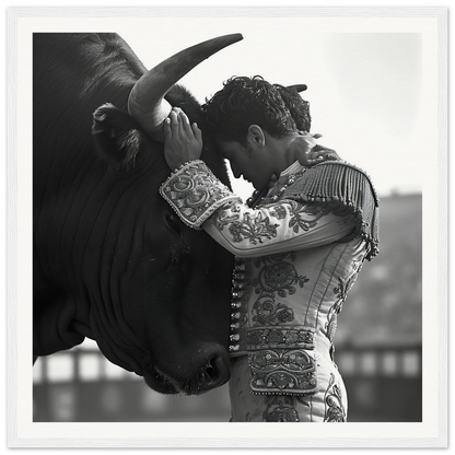 A matador in ornate attire sharing a tender moment with a bull in Beastly Symbiosis Reverie