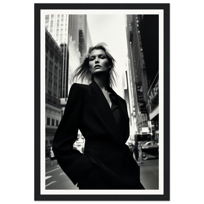 Black and white photograph of a woman in a dark coat standing on a city street.