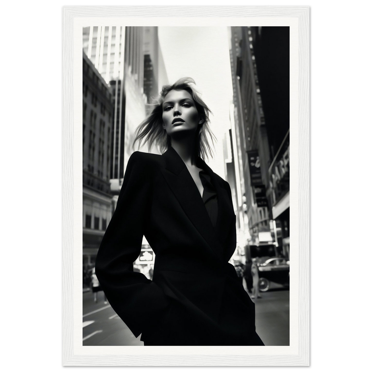 Black and white photograph of a woman in a dark coat on a city street.