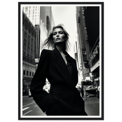 Black and white photograph of a woman in a dark coat on a city street.