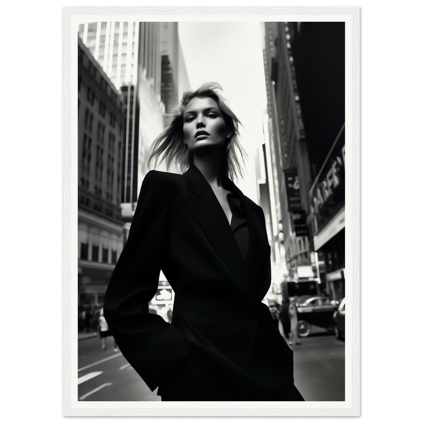 Woman in a black coat standing on a city street.