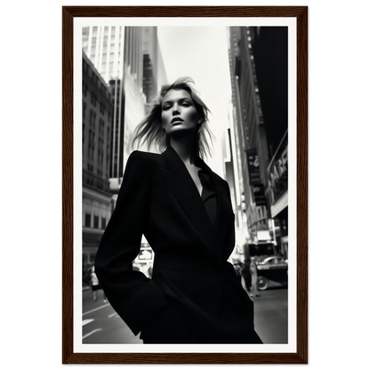 Black-and-white photograph of a woman in a dark coat standing on a city street.