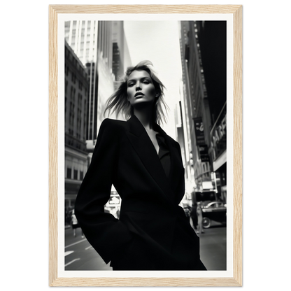 Black-and-white photograph of a woman in a dark coat on a city street.