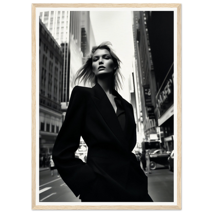 Black and white photograph of a woman in a dark coat standing on a city street.