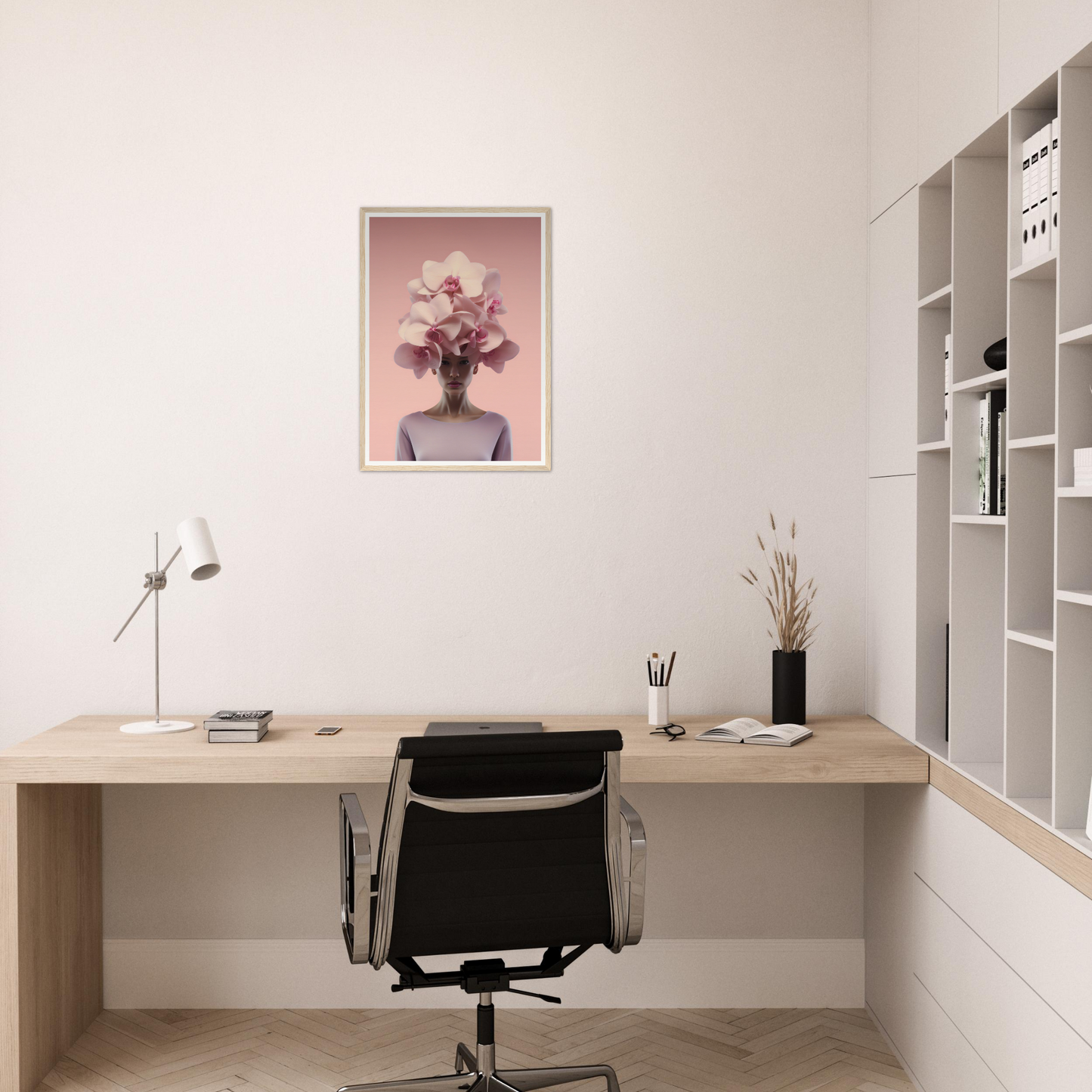 Minimalist home office workspace with a wooden desk, black office chair, and framed floral artwork on the wall.