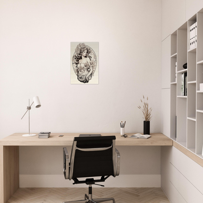 Minimalist home office workspace with a wooden desk, black chair, and wall-mounted shelving.