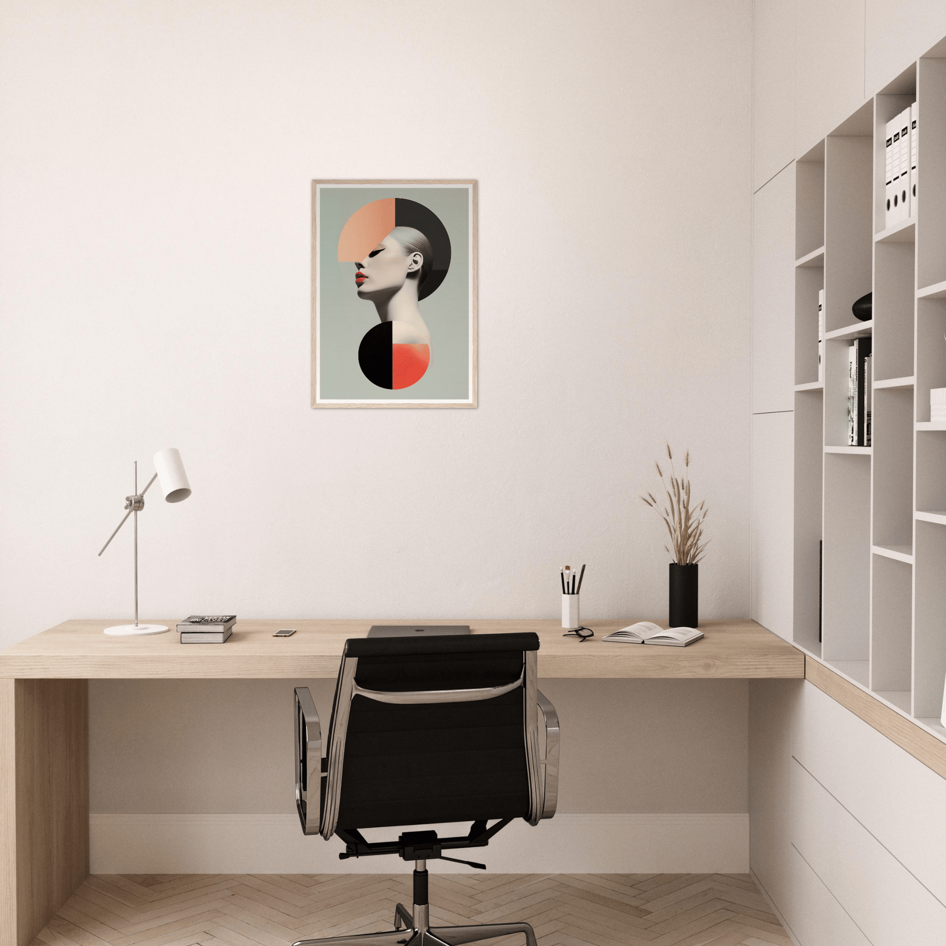 Minimalist home office workspace with a wooden desk, black office chair, and abstract wall art.