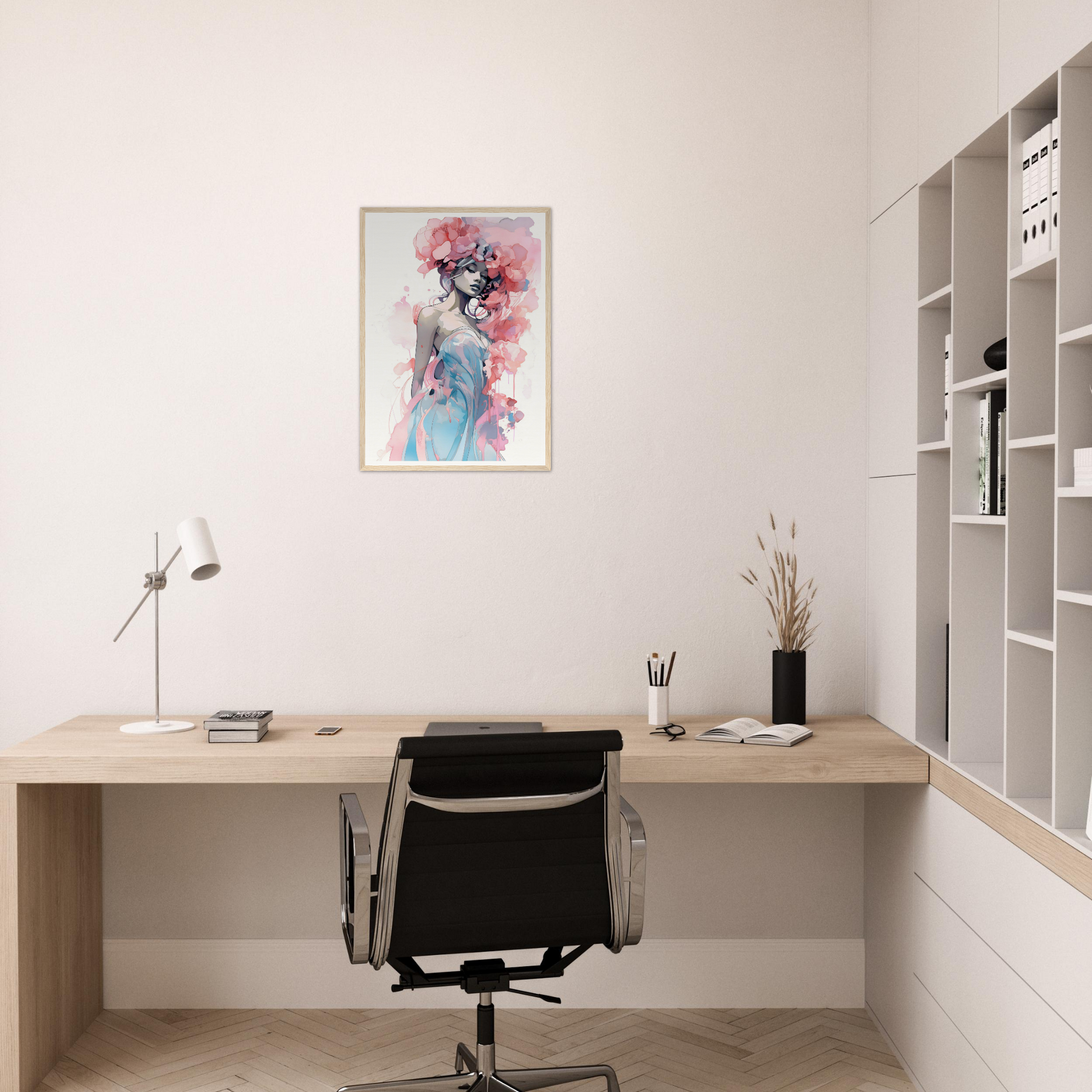 Minimalist home office workspace with a wooden desk, black office chair, and colorful framed artwork on the wall.