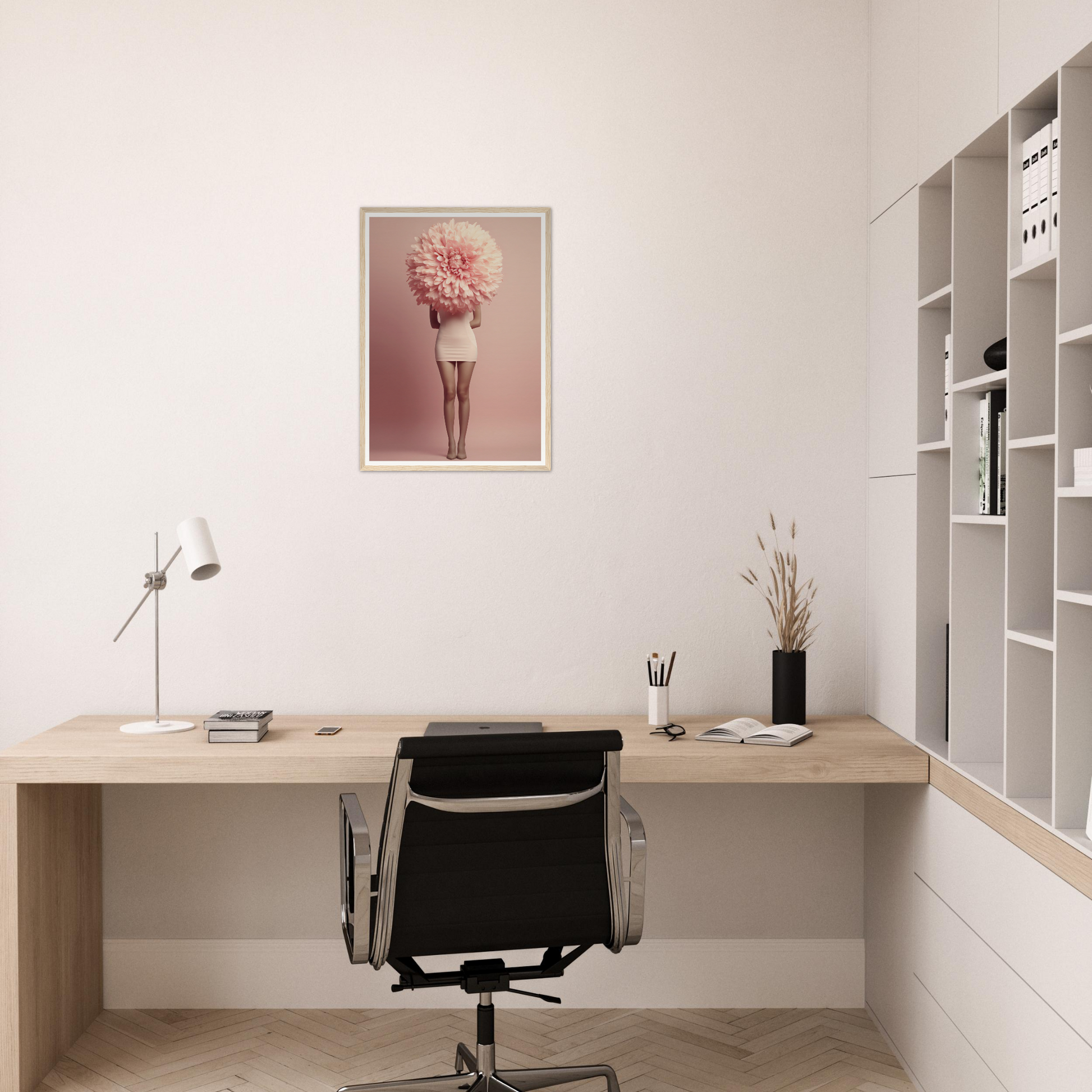 Minimalist home office workspace with a wooden desk, black office chair, and framed floral artwork on the wall.