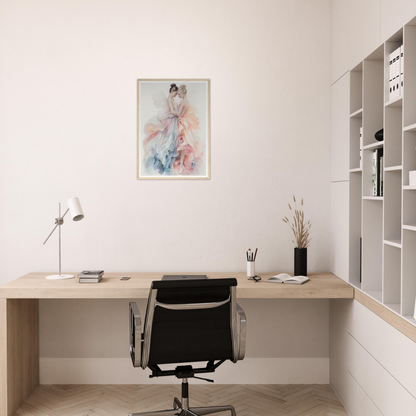 Minimalist wooden desk with a black office chair in a home office setting.