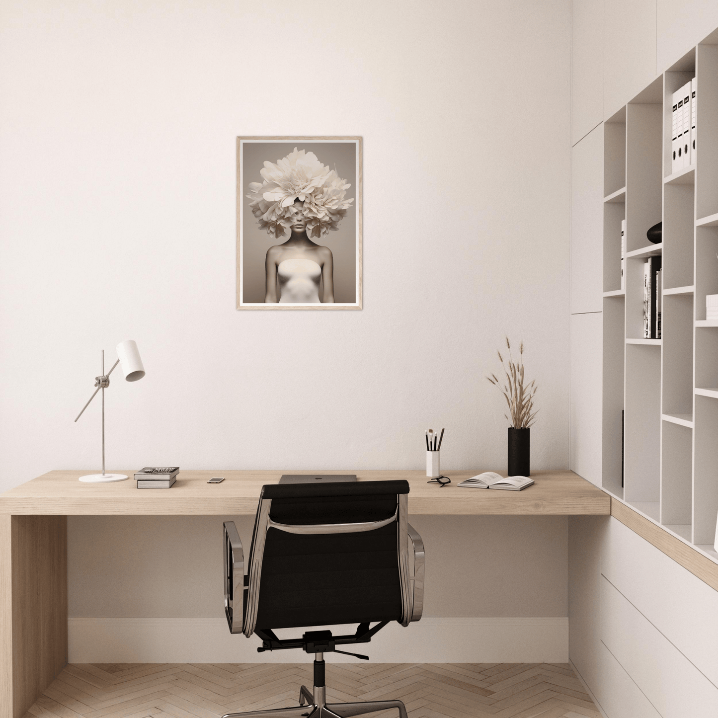 Minimalist home office workspace with a wooden desk, office chair, and wall-mounted shelving.