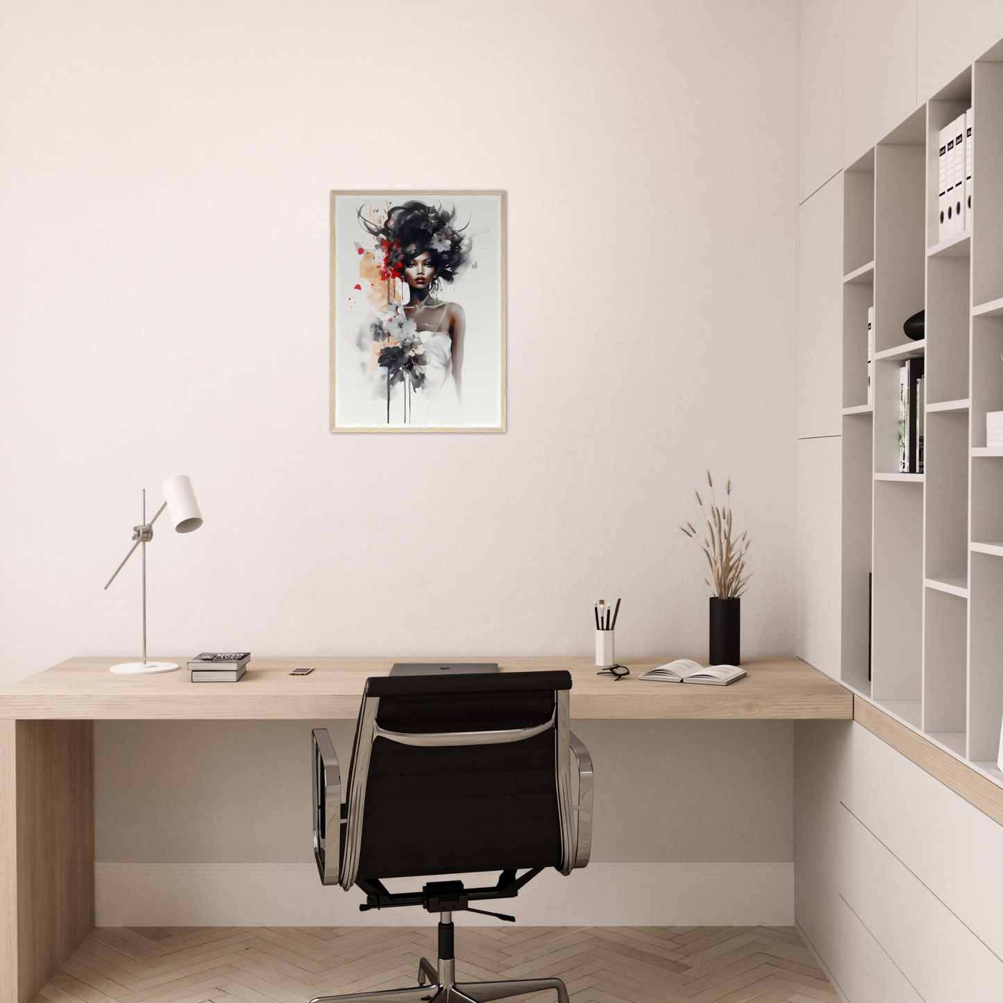 Minimalist home office workspace with a wooden desk, black office chair, and abstract wall art.