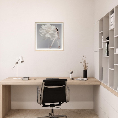 Minimalist wooden desk with a black office chair in a clean, white workspace.