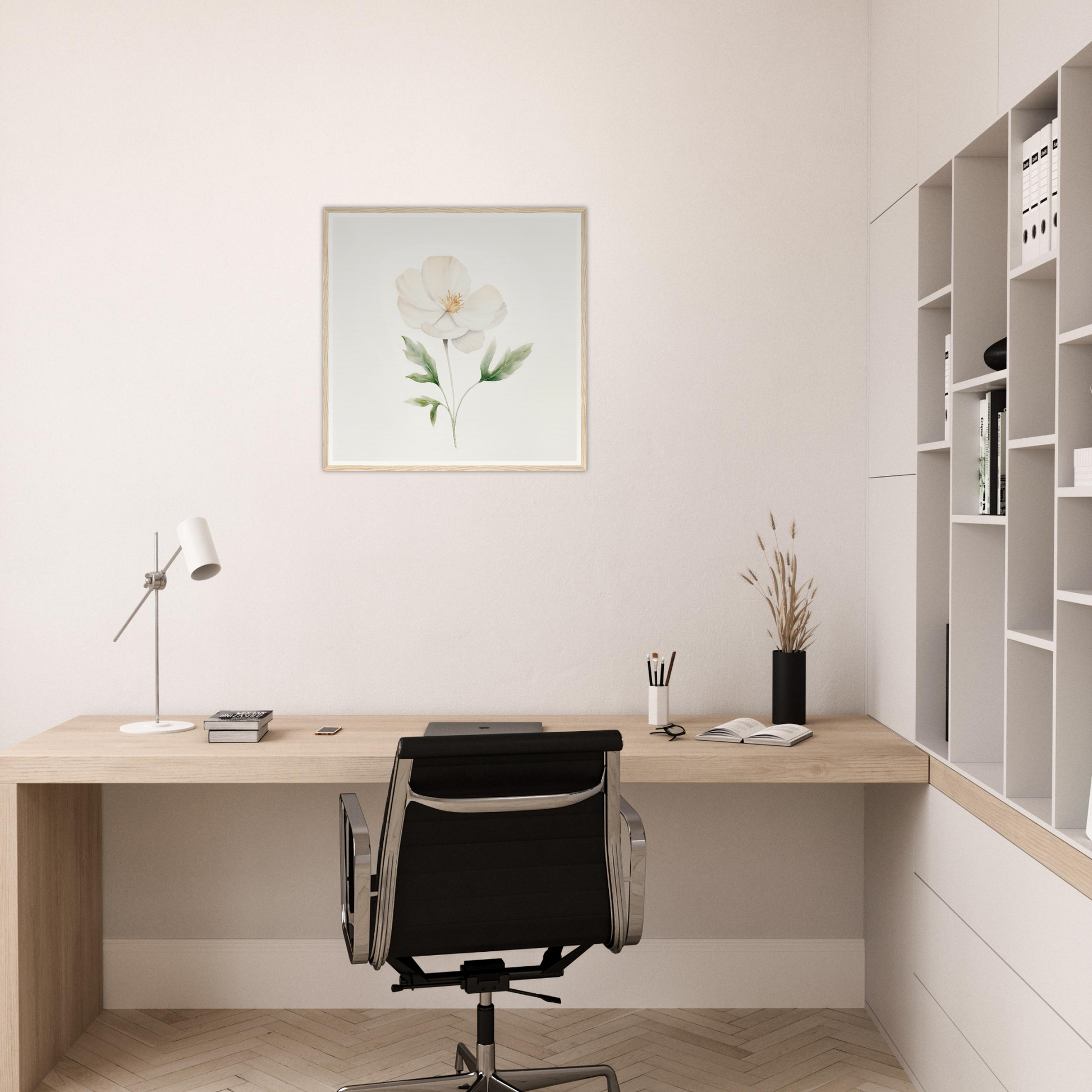 Minimalist wooden desk with a black office chair in a clean, white workspace.