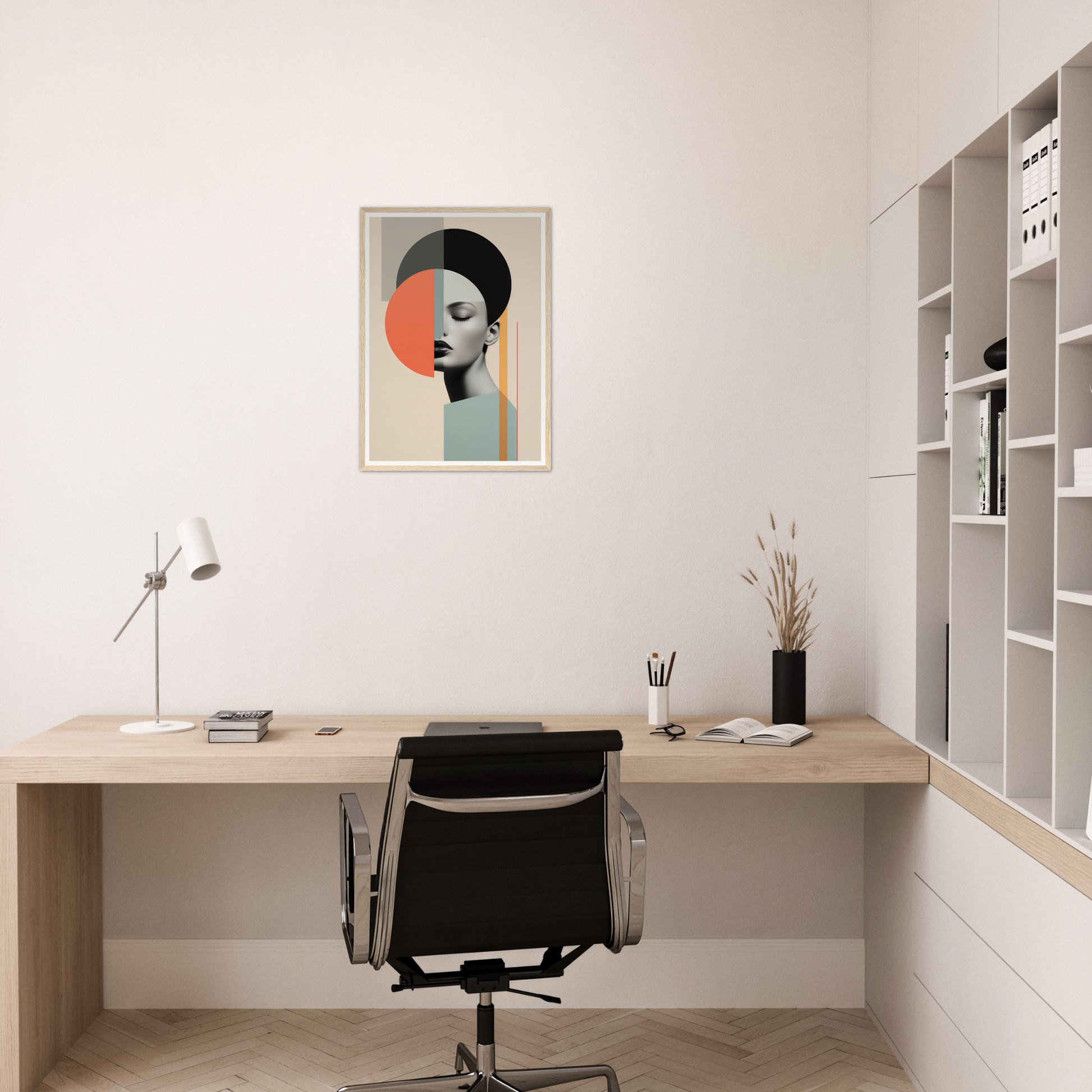 Minimalist home office workspace with a wooden desk, office chair, and abstract portrait on the wall.