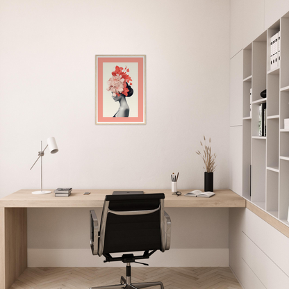 Minimalist home office workspace with a wooden desk, office chair, and wall-mounted shelving unit.