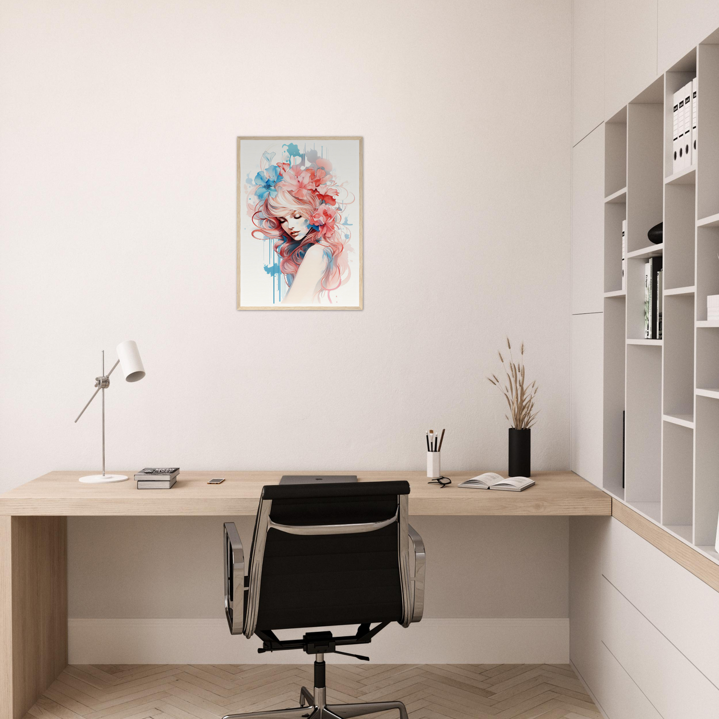 Minimalist home office workspace with a wooden desk, office chair, and colorful abstract artwork on the wall.