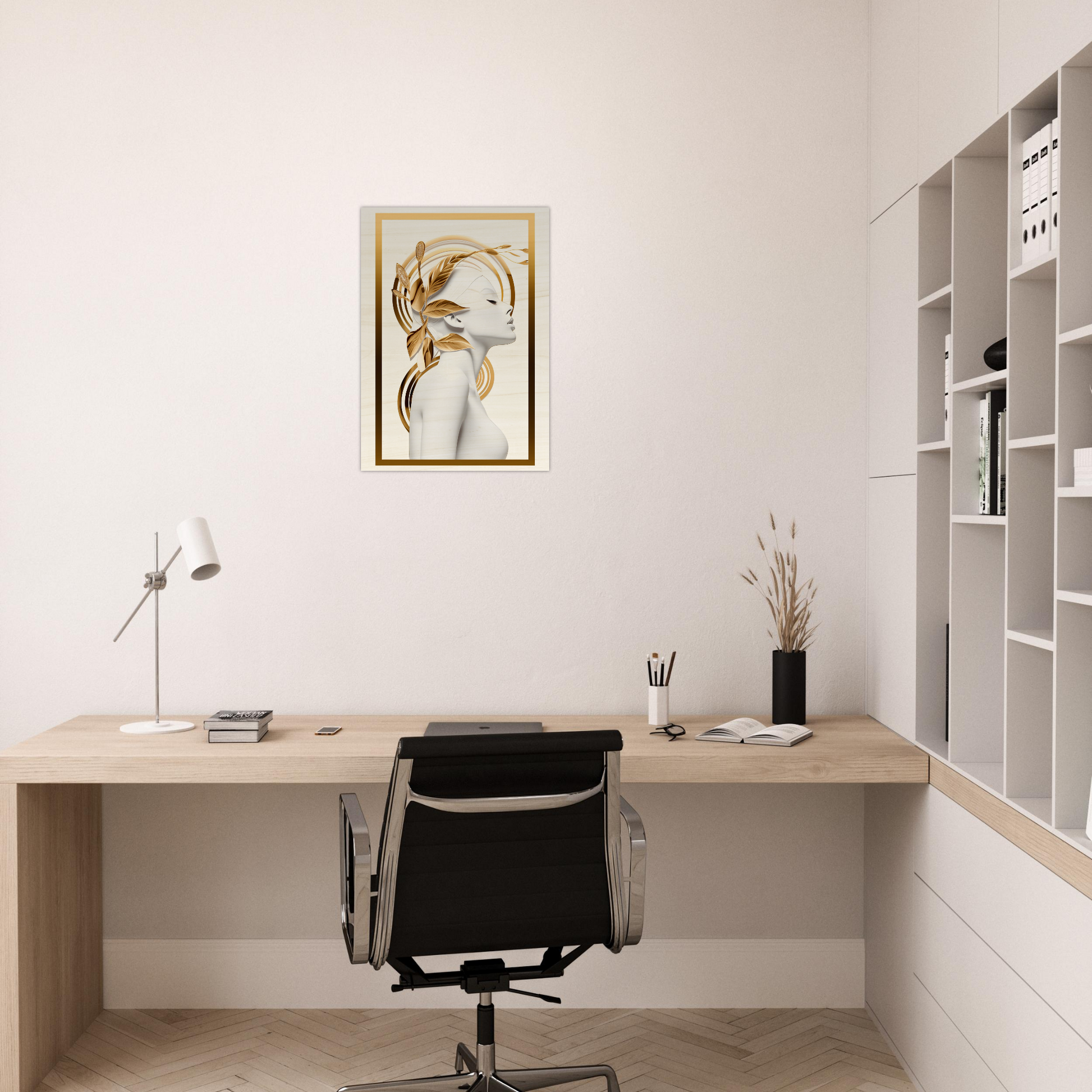 Minimalist home office workspace with a wooden desk, black office chair, and wall-mounted shelving unit.