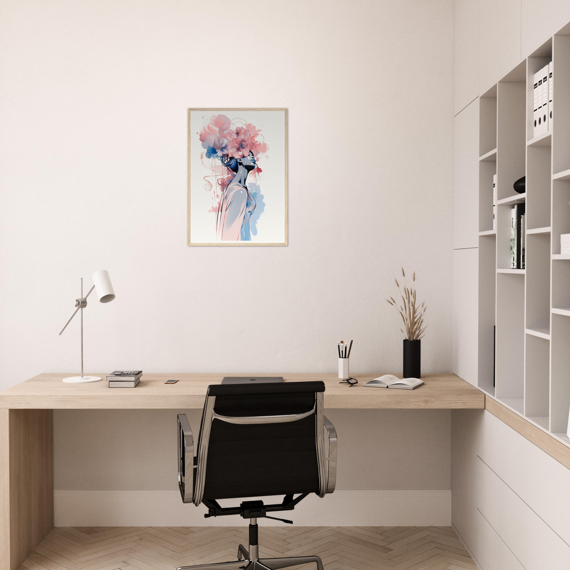 Minimalist home office workspace with a wooden desk, black office chair, and floral wall art.