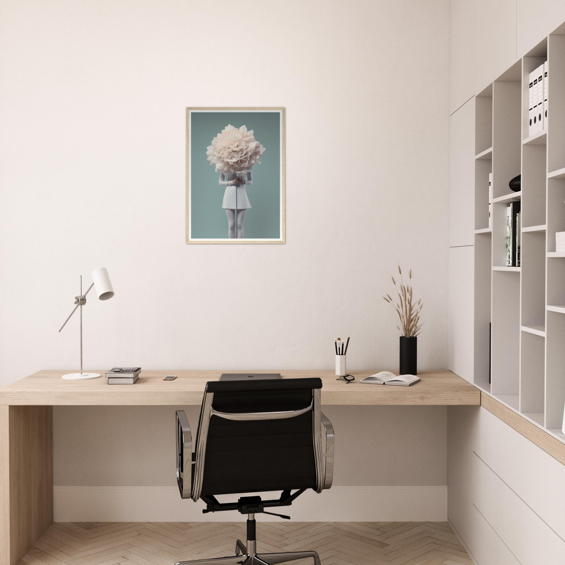 Minimalist home office workspace with a wooden desk, black office chair, and white shelving unit.