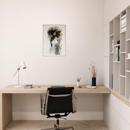 Minimalist home office workspace with a wooden desk, office chair, and abstract wall art.