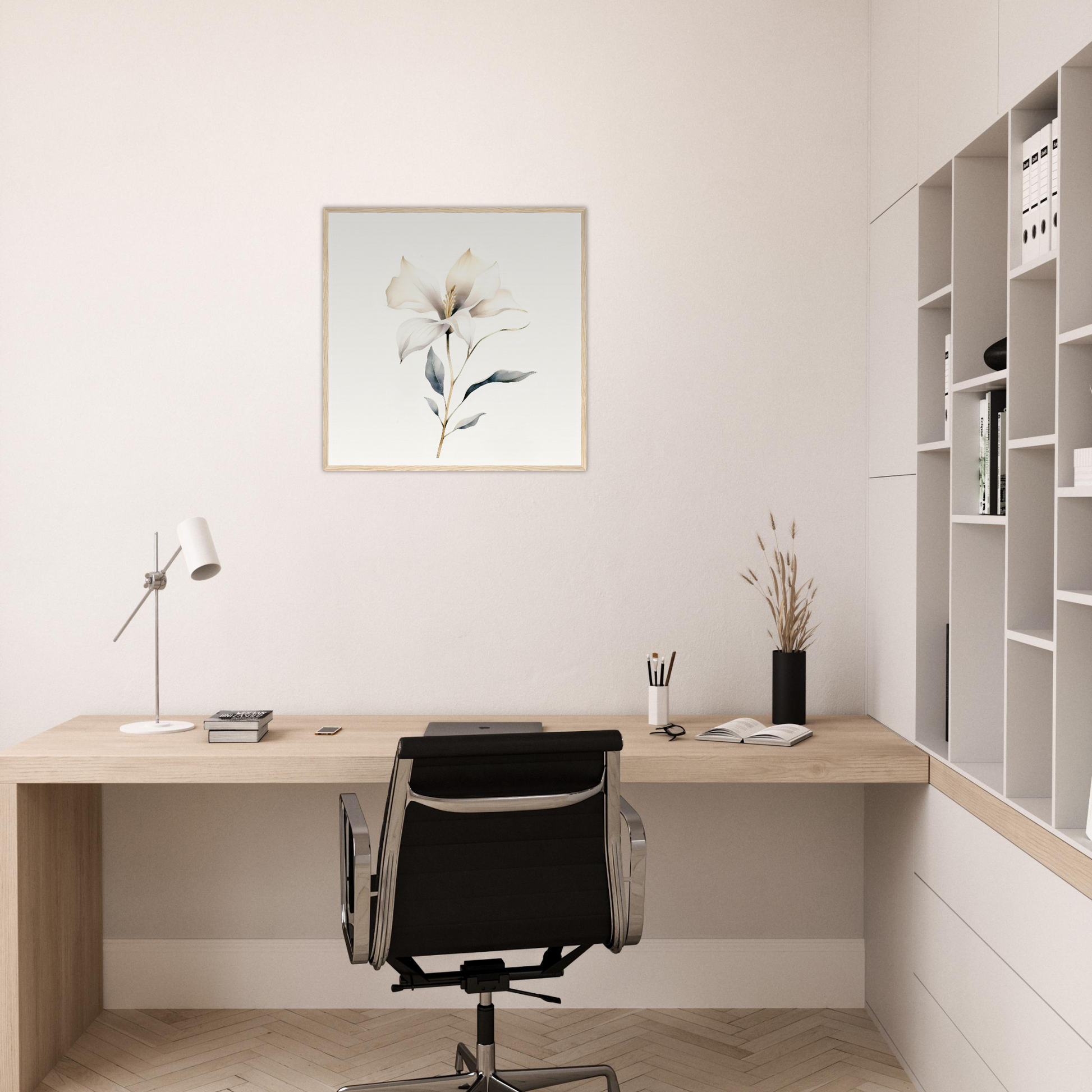 Minimalist wooden desk with a black office chair in a home office setting.