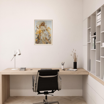 Minimalist home office workspace with a wooden desk, office chair, and wall-mounted shelving unit.