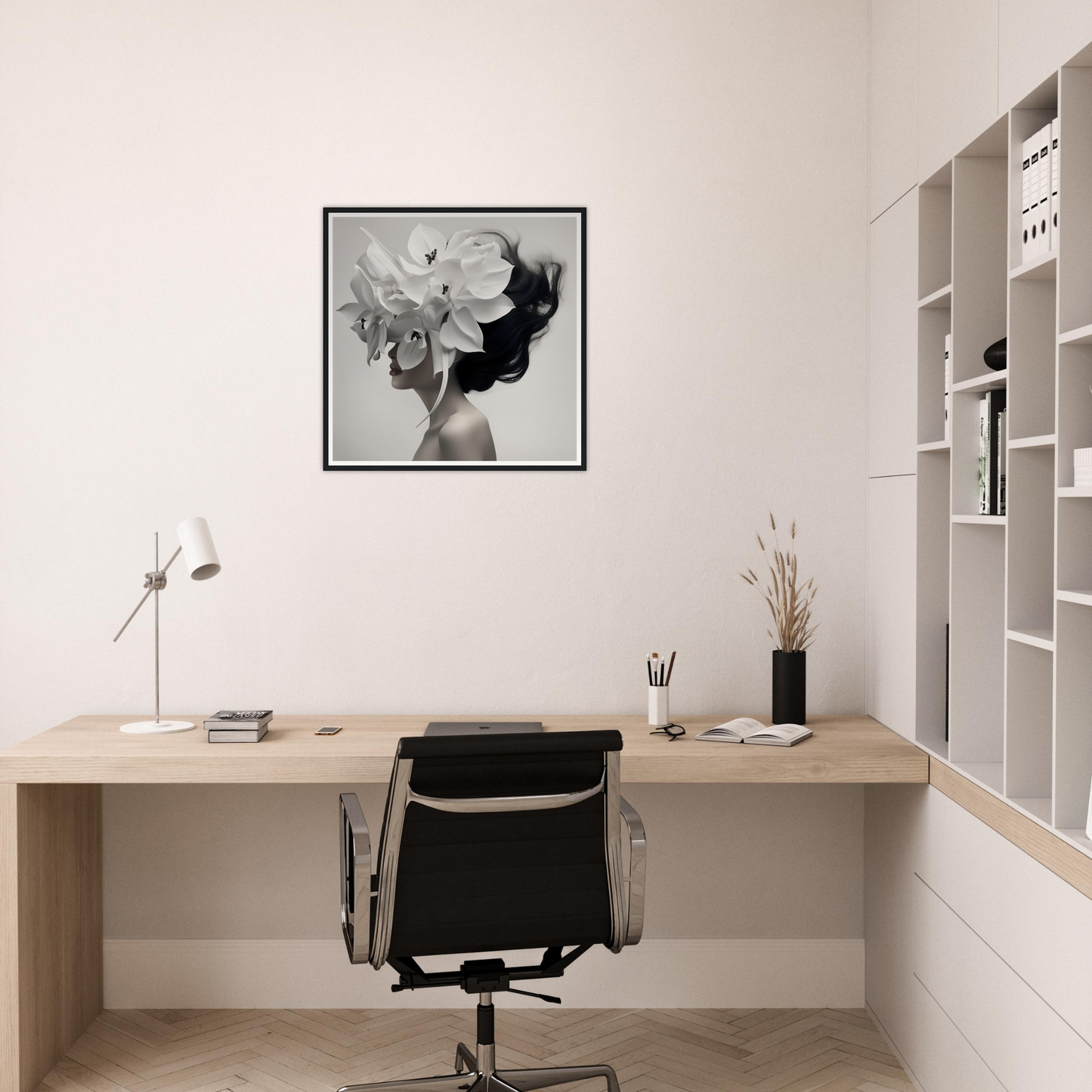 Minimalist home office workspace with a wooden desk, black chair, and framed artwork on the wall.