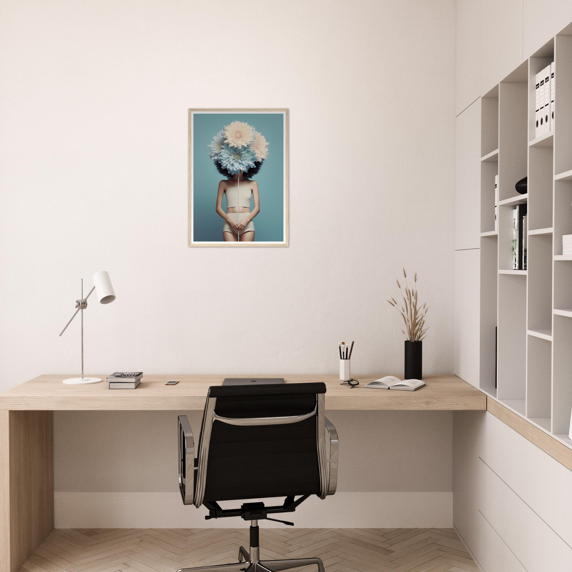 Minimalist home office workspace with a wooden desk, office chair, and shelving unit.